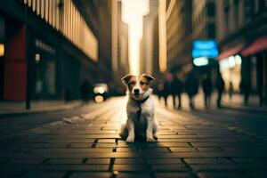 a dog sitting on the street in a city. AI-Generated photo