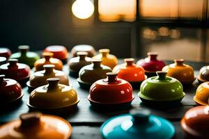 colorful pots and pans on a table. AI-Generated photo