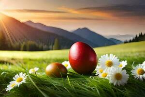 Pascua de Resurrección huevos en el césped con margaritas y montañas. generado por ai foto