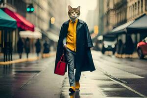 a cat wearing a raincoat and yellow shirt walking down a street. AI-Generated photo
