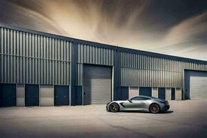 the porsche 911 gt4 is parked in front of a large warehouse. AI-Generated photo