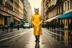 un gato vistiendo un amarillo impermeable en el medio de un ciudad calle. generado por ai foto