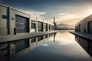 a warehouse with a large body of water in front of it. AI-Generated photo