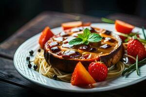 a plate with spaghetti and strawberries on it. AI-Generated photo