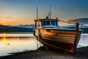 a boat sits on the shore at sunset. AI-Generated photo