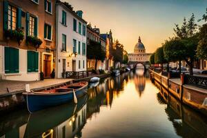 a canal with boats in the middle of a city. AI-Generated photo