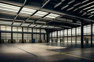 an empty warehouse with lots of windows and lots of space. AI-Generated photo