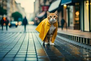 un gato vistiendo un amarillo impermeable en un ciudad calle. generado por ai foto