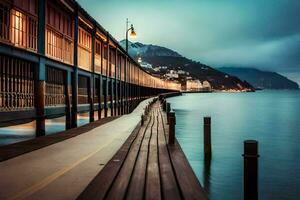 a pier with a long wooden walkway in front of a mountain. AI-Generated photo