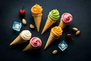 different ice cream flavors in cones on a black background. AI-Generated photo