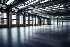 an empty warehouse with large windows and a large floor. AI-Generated photo