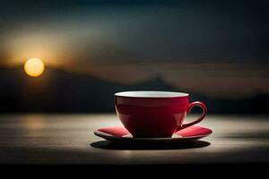 a red cup sits on a table in front of a sunset. AI-Generated photo