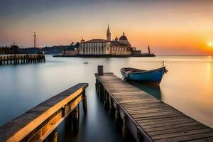 a boat sits on the dock at sunset. AI-Generated photo