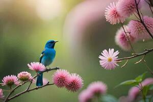 a blue bird is perched on a branch of pink flowers. AI-Generated photo