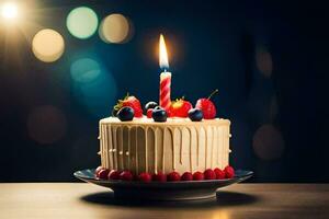 birthday cake with a lit candle on a table. AI-Generated photo