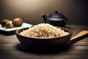 a bowl of brown rice on a wooden table. AI-Generated photo