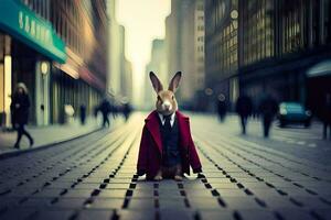 a rabbit wearing a red coat and tie standing on a street. AI-Generated photo