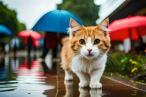 an orange and white cat walking in the rain. AI-Generated photo