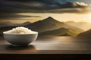 rice in a bowl on a table with mountains in the background. AI-Generated photo