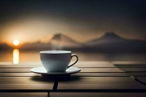 a cup of coffee on a wooden table with mountains in the background. AI-Generated photo