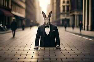 a rabbit wearing a suit and tie standing in the middle of a city street. AI-Generated photo