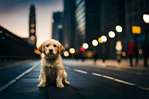 un perrito se sienta en el calle en el ciudad a noche. generado por ai foto