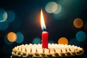 a single candle is lit on a birthday cake. AI-Generated photo