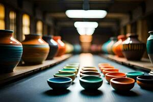 a row of colorful vases on a table. AI-Generated photo