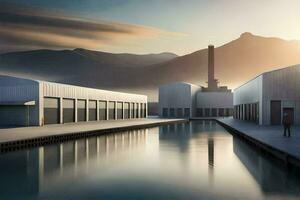 a factory with a canal and mountains in the background. AI-Generated photo