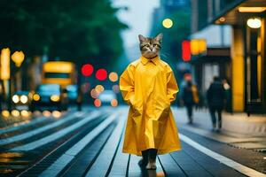 a cat wearing a yellow raincoat on a street. AI-Generated photo