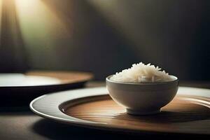 a bowl of rice sits on a plate. AI-Generated photo