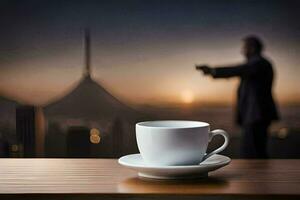 un café taza y platillo en un mesa con un hombre en un traje. generado por ai foto