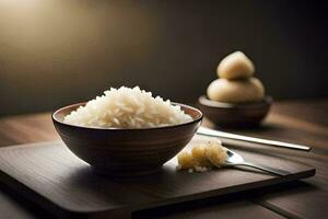 a bowl of rice and a spoon on a wooden table. AI-Generated photo