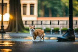 a cat is standing next to a boot on the street. AI-Generated photo