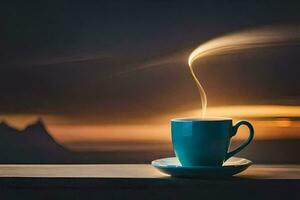 a cup of coffee on a table with a view of the mountains. AI-Generated photo