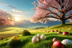 Pascua de Resurrección huevos en el campo. generado por ai foto