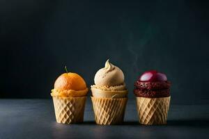 three ice cream cones with different flavors. AI-Generated photo