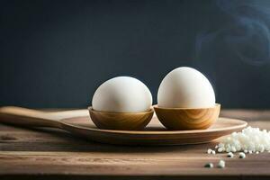 two eggs on a wooden spoon with salt. AI-Generated photo