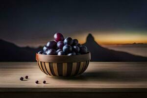 grapes in a wooden bowl on a table with mountains in the background. AI-Generated photo