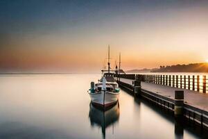 a boat docked at the end of a pier at sunrise. AI-Generated photo