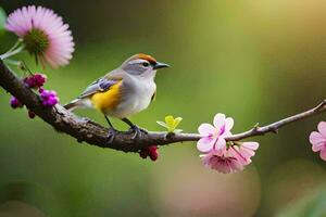 a bird sits on a branch with pink flowers. AI-Generated photo