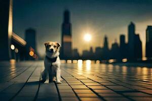 a dog sitting on a brick walkway in front of a city skyline. AI-Generated photo