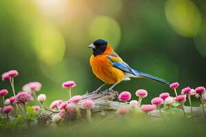 a colorful bird is standing on a branch in a field of pink flowers. AI-Generated photo