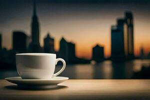 a coffee cup sits on a table in front of a city skyline. AI-Generated photo