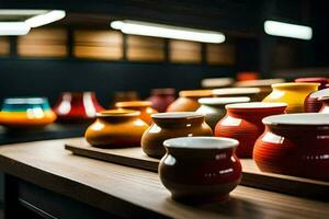 a row of colorful vases on a table. AI-Generated photo