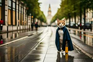 un gato vestido en un azul Saco y participación un sombrilla. generado por ai foto