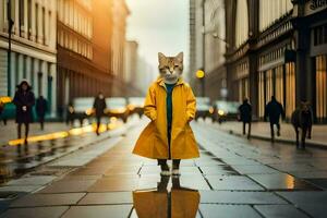 un gato en un amarillo impermeable en pie en un ciudad calle. generado por ai foto