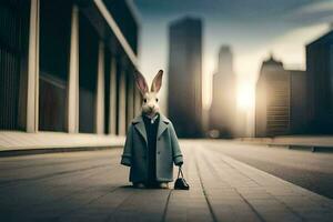 a rabbit in a suit and tie standing on a street. AI-Generated photo