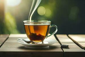 un taza de té en un de madera mesa. generado por ai foto