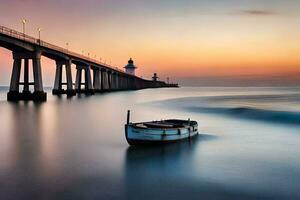 a boat is sitting on the water near a pier. AI-Generated photo